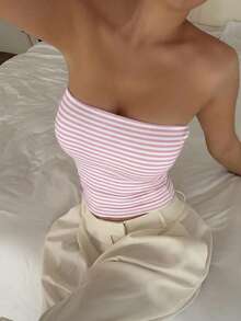 Vaiaye Women's Sexy Strapless Elastic Fitted Striped Print Camisole Top, Fashionable Strapless Basic Tank Top For Spring/Summer - Pink and White Stripes - View 8