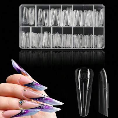 Khuôn 140 đầu móng giả hình hạnh nhân kiểu Pháp, chất lượng salon, dùng tại nhà, tạo hiệu ứng khoảng cách giữa các móng kiểu Pháp, khuôn móng có cấu trúc, phù hợp với gel nối móng, miếng dán móng, dùng tại salon và tự làm, kèm hộp đựng.