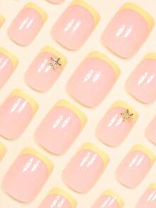 24pcs Short Square False Nails Set, Minimalist Fashionable Metallic Starfish Pattern Yellow French Manicure, Elegant Daily Cream Yellow Striped Starry Pattern, Full Cover Fake Nails Set, Comes With 1 Adhesive Sticker And 1 Mini File, Random Delivery - Yellow - View 4