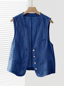 Jaket Rompi Pendek Linen Kasual Musim Semi/Panas Wanita - Royal Blue - View 3