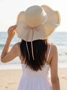 1顶女士夏季宽檐编织草帽，带波浪形蕾丝蝴蝶结 - 非常适合海滩、海岸和度假防晒 - 米色 - 查看 3