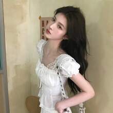 Áo sơ mi nữ tay cánh hoa màu trắng kiểu Pháp mùa xuân/hè, kiểu dáng ôm sát, tay ngắn. - trắng - Xem 9