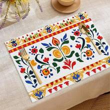 1set/1pc/4pcs/6pcs Bohemian Colorful Floral Placemat, Rectangular Machine Washable Polyester Placemat, Protected Tabletop, Insulated Placemat, Restaurant Decor, Table Decor, Houseware, Suitable For Multi-Venue, Party Decor - 1PC - View 1