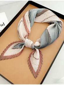 1pc Women's Spring New Pleated Printed Silk Square Scarf, Multi-Functional Headscarf, Hairband, Bag Strap, Bag Accessory, Suitable For Daily Use - Beige - View 2