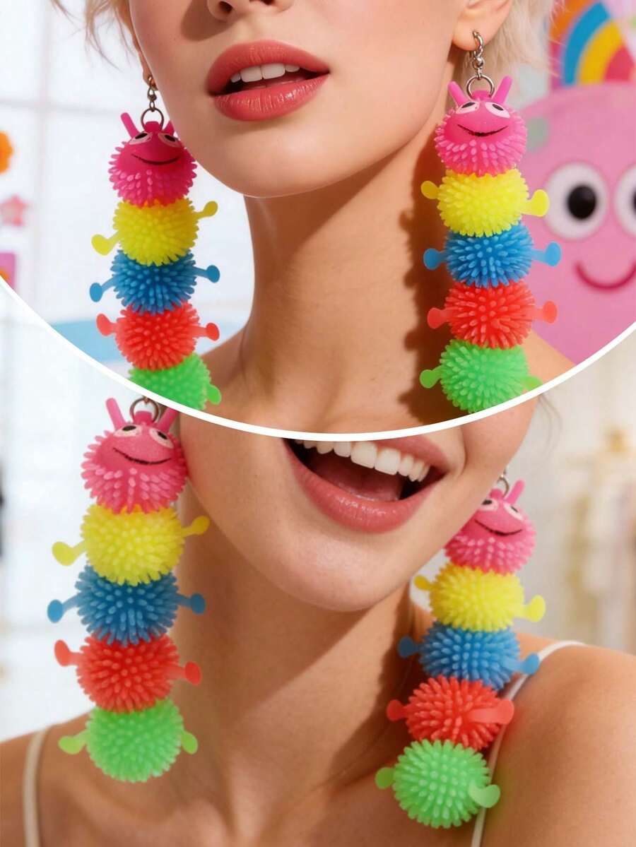 1 paire de boucles d'oreilles créatives, originales et mignonnes de chenille colorée et pelucheuse. Bijoux mode pour le quotidien et les fêtes pour femmes - Multicolore - Voir 1