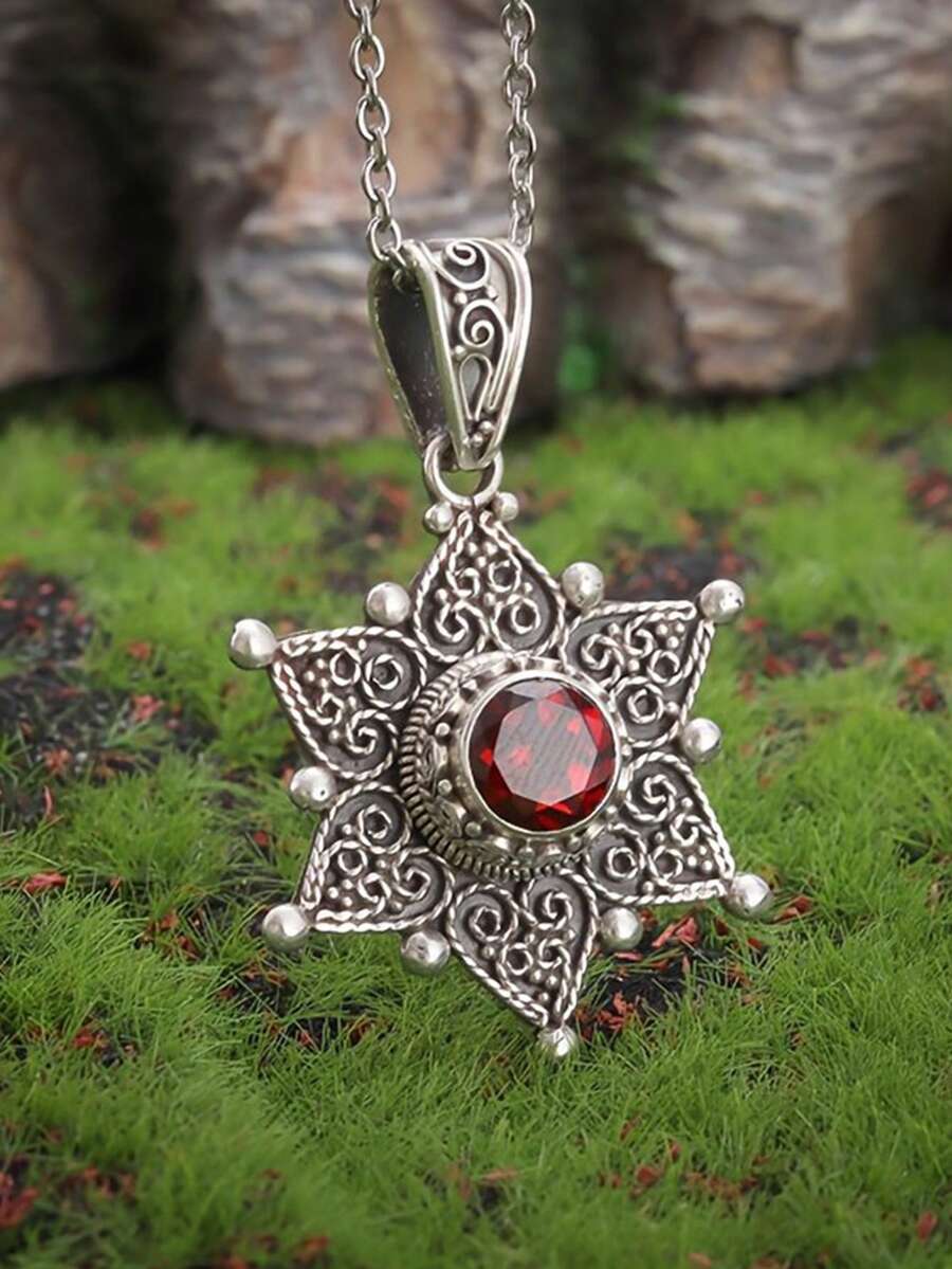 1 chiếc mặt dây chuyền hình lục giác cổ điển đính đá Zirconia đỏ hình hoa hướng dương, trang sức thường ngày cho nữ. - vòng cổ - Xem 1