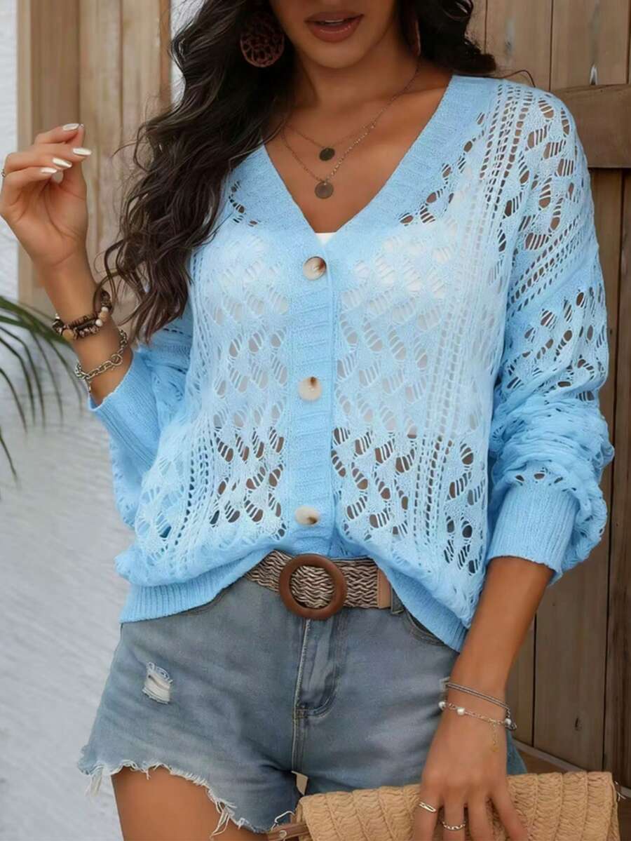 Áo khoác cardigan nữ màu trắng cổ chữ V nhẹ, kiểu dáng thời trang cài cúc phía trước, thích hợp cho mùa xuân/hè, mặc thường ngày hoặc đi biển. - Màu xanh lam - Xem 1