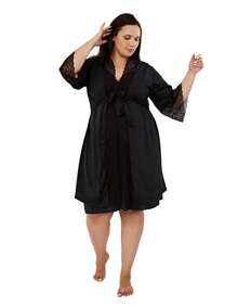 Robe Plus Size Hobbie Renda Luxo Roupão Penhoar - Preto - Visão 1