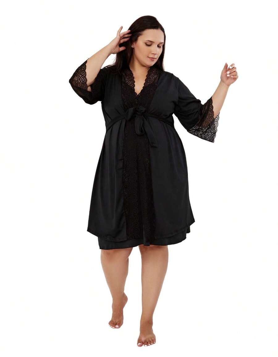Robe Plus Size Hobbie Renda Luxo Roupão Penhoar - Preto - Visão 1