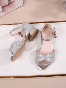 Summer New Fashion Versatile Girls High Heel Shoes, Kids Open Toe Sequin Sandals For Party, Wedding, Performance - Silver - View 4