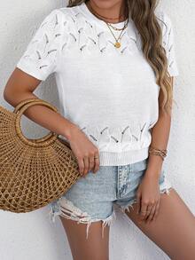 Casual Round Neck Hollow Ribbed Solid Color Short Sleeve Women Knit Sweater Top, Everyday Spring/Summer Pullover White - White - View 6
