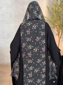 Hafizah 優雅女款黑色花卉波點印花雪紡長款晨袍，長袖微彈力面料，度假秋季款 - 黑色 - 查看 6