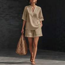 2026 Spring/Summer Women's Solid Color V-Neck Linen-Cotton Casual Top And Shorts Two-Piece Set - 藍色 - 查看 4