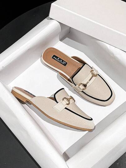 Mengshangli Women's Solid Color Mule Slippers, Metal Flat Shoes For Commuting, Office, Vacation, Spring/Summer