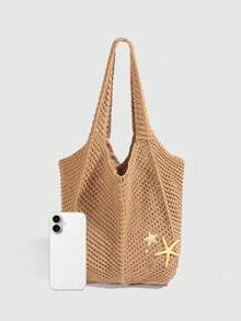 Bolso de tote de gran capacidad de estilo vacacional de uso versátil y casual mínimo, bolso de hombro de diseño exclusivo y elegante, equipado con decoración de estrella de mar, textura de alta gama y elegante para mujer, bolso de sobaco tejido con ganchos huecos, adecuado para vacaciones en la playa y otras escenas - Multicolor - Ver 8