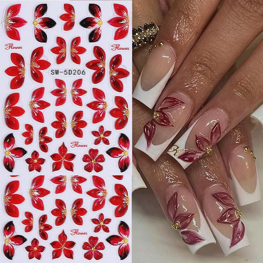 2片5D红色芙蓉花美甲贴纸,自粘红色花瓣图案美甲贴花,优雅美甲装饰,女士DIY - 彩色 - 查看 1