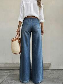 Quần jeans nữ dáng suông màu xanh nhạt, thoải mái và đa năng, thích hợp mặc hàng ngày vào mùa xuân. - Rửa tối - Xem 5