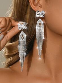 1 Đôi bông tai pha lê lấp lánh thời trang dành cho cô dâu, kiểu dáng tua rua, trang sức cao cấp phù hợp cho đám cưới, tiệc tối sang trọng và những bộ váy dạ hội cao cấp., Mùa hè, Trang sức - bông tai - Xem 1