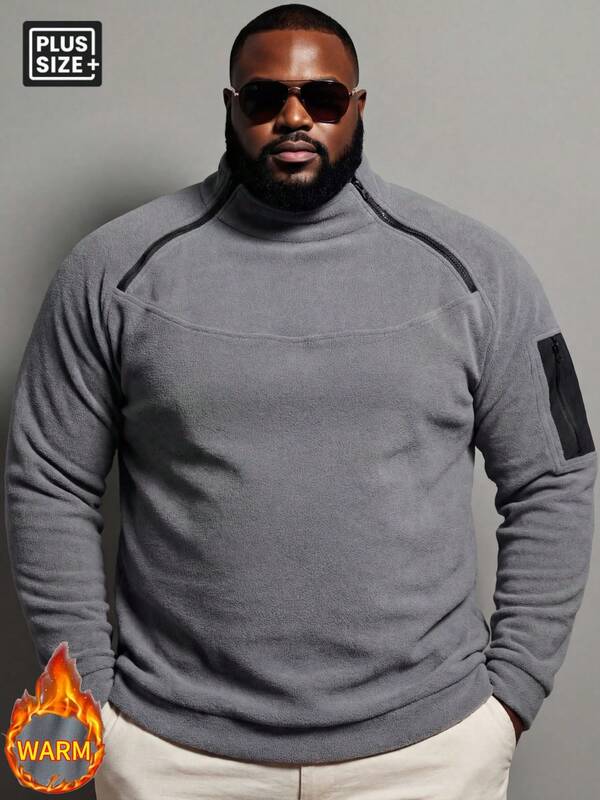 1pc Plus Size Loose Fleece Hoodie, Men's Casual Outdoor Fleece Jacket, Half-Zip Fleece Sweatshirt, Hiking, Shopping, Dating Sports
