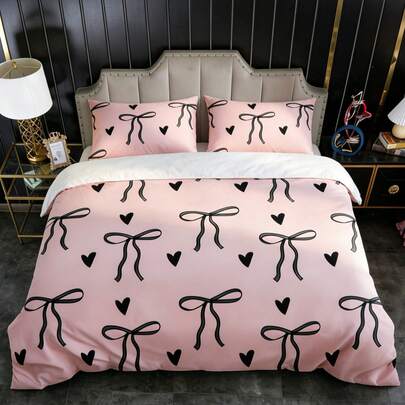 3件套可爱粉色蝴蝶结爱心印花被套套装，枕套图案随机（1个被套+1/2个枕套，不含枕芯），床上用品套装，柔软温暖舒适的床上用品套装，适用于卧室、客房、宿舍装饰
