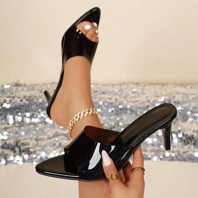 Giày sandal cao gót màu đen dành cho nữ, kiểu dáng đơn sắc, mũi nhọn, hở mũi, thích hợp cho mùa hè, dự tiệc, tụ họp, đi chơi hàng ngày, giày cao gót mũi nhọn đa năng.