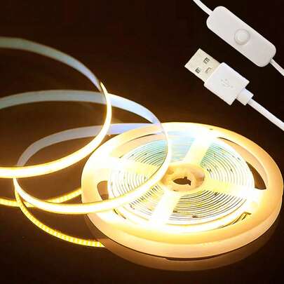 1 pieza Tira de luz COB USB de 1m/2m/3m/4m/5m, incluye modos de luz blanca cálida y blanca fría, diseño COB flexible, alimentado por USB, adecuado para proyectos de iluminación DIY en dormitorio, gabinete, cocina, iluminación ambiental multifuncional, diseño duradero, excelente para Navidad