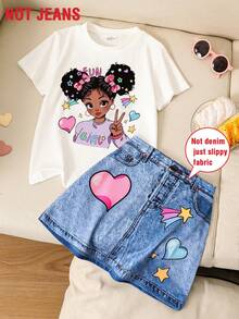 Young Girl 2pcs/Set Cartoon Stylish Summer Outfit Set, Includes Crew Neck Moisture-Wicking Short Sleeve T-Shirt And Denim Effect Heart Star Pattern Skirt, Cute Casual Party Street Daily Wear For Elementary School Preschoolers, Soft Breathable And Loose Lightweight Summer Dress - White - View 1