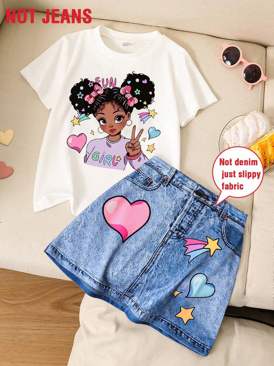 Young Girl 2pcs/Set Cartoon Stylish Summer Outfit Set, Includes Crew Neck Moisture-Wicking Short Sleeve T-Shirt And Denim Effect Heart Star Pattern Skirt, Cute Casual Party Street Daily Wear For Elementary School Preschoolers, Soft Breathable And Loose Lightweight Summer Dress - White - View 1