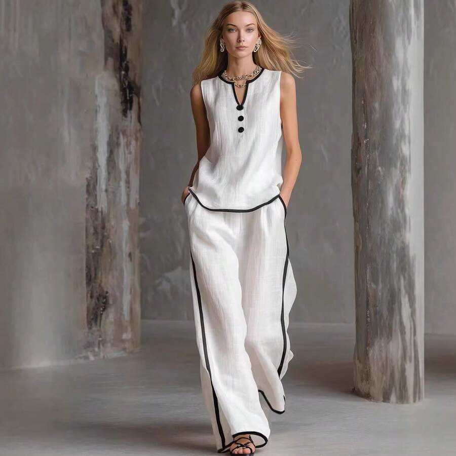 Women's 2026 Spring/Summer New Button Sleeveless Fashion Casual Two-Piece Suit - trắng - Xem 1