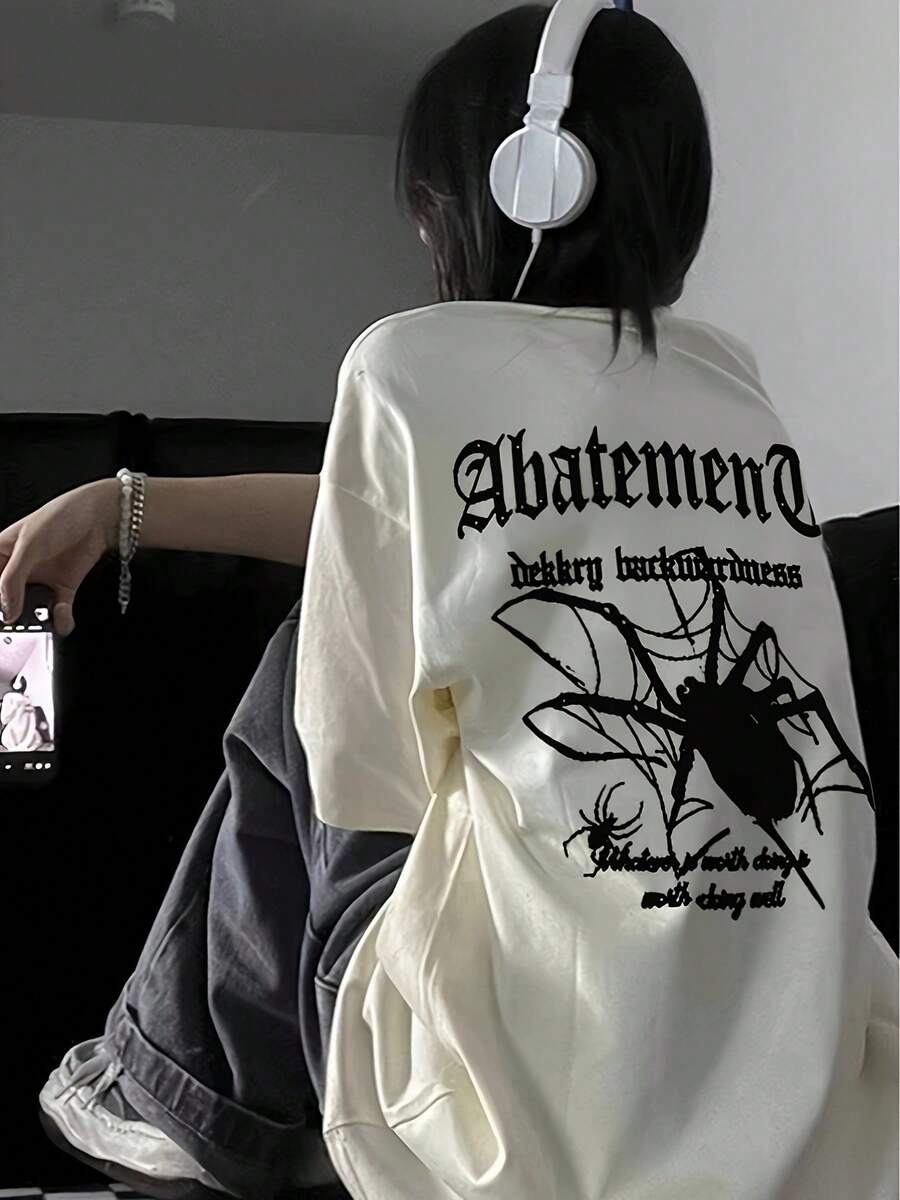 Women's King's Day Spider & Bat Anime Graphic T-Shirt In Thick Cotton, Gothic Print On The Back, Loose Fit, Casual Streetwear Style, Black Contrast, Summer - 白色 - 查看 1