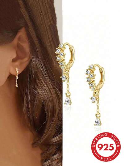 GAGAFEEL 1 Pair 925 Sterling Silver Elegant Shiny Zirconia Water Drop Tassel Earrings, Women's Fashion Luxury Hoop Earrings, Suitable For Daily Wear, Party Accessories, Gift