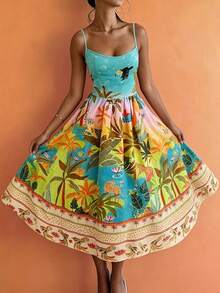 Đầm không tay họa tiết động vật nhiệt đới, kiểu dáng thường ngày, thích hợp cho kỳ nghỉ hè, dành cho nữ, mùa xuân/hè - Nhiều màu - Xem 3