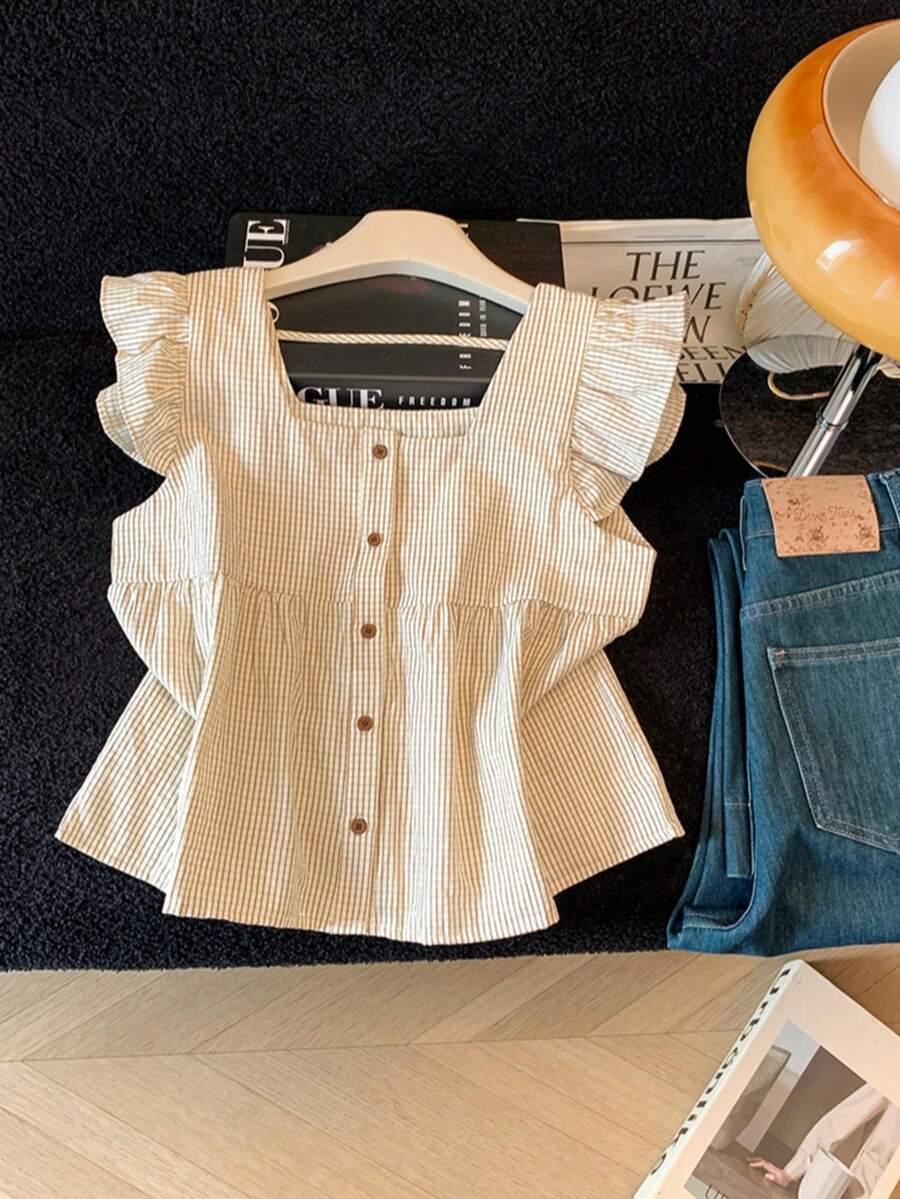 Elegant & Sweet Plaid Striped Square Neck Shirt, Women's Summer Ruffled Pleated Button‑Up Top, Stylish Date‑Night Versatile Blouse - Coffee - View 1