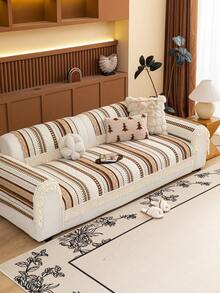 1PC Bohemian Retro Striped High-Grade Chenille Sofa Cover, Modern Luxury Exquisite Lace Universal Couch Protector, Soft Skin-Friendly Breathable All Season Sofa Slipcover, Non-Slip Anti-Dust Anti-Scratch Pet Friendly Sofa Shield, Wrinkle Resistant Fade-Proof Durable Washable Couch Cover, Stain Water Resistant Easy Clean Home Decor Mat - Brown - View 2