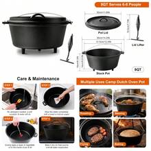 8QT Pre-Seasoned Cast Iron Camp Dutch Oven With Lid, Large Camping Dutch Oven Pot With Tripod Stand, Incl. Lid Lifter - Dual Handles - For Outdoor Campfire, Grill, Oven & Stovetop Cooking-Black - 8QT - View 2
