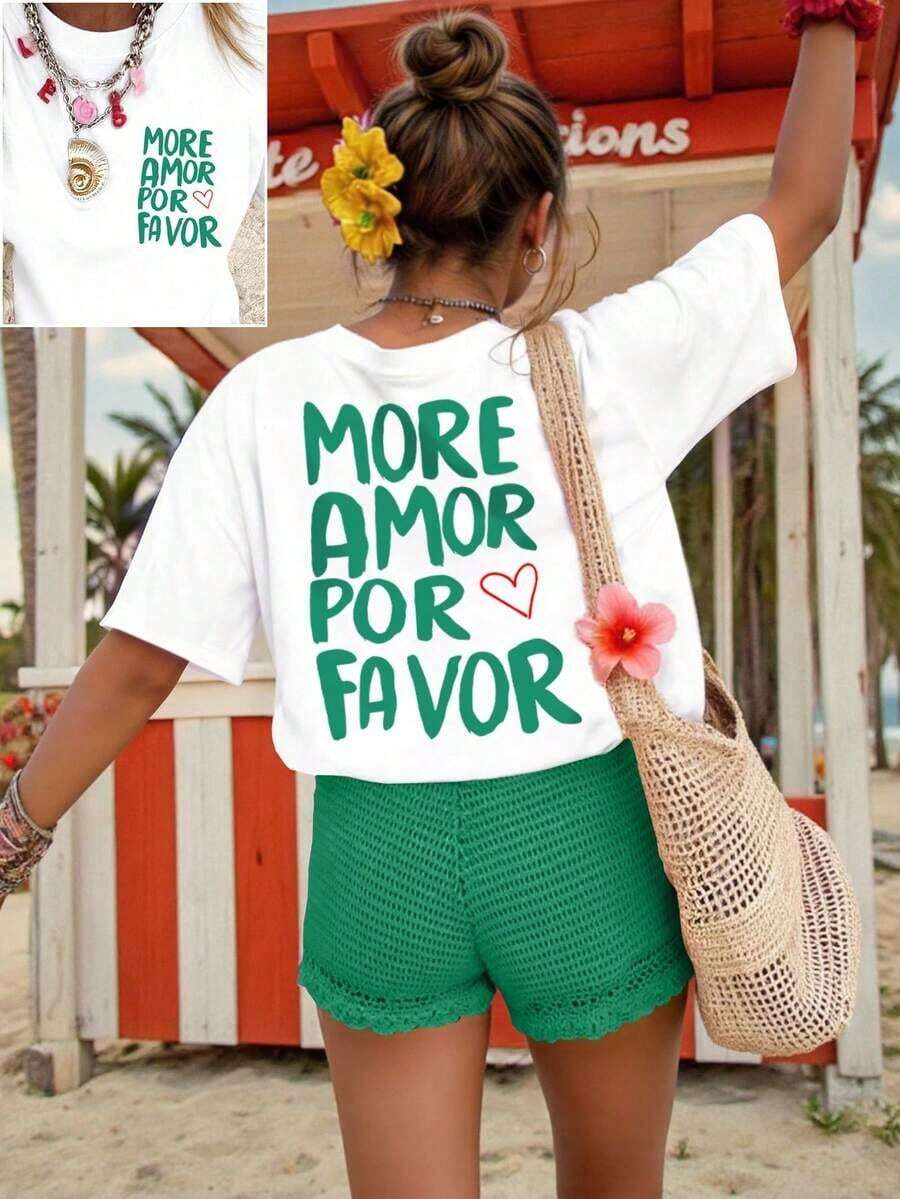 1 Piece Casual Fashion For Men And Women, DrmWander Apricot Short Sleeve T-Shirt For Women With A Casual Plant Graphic. Versatile, Easy To Match, Suitable For Daily Wear, Urban Style, Vacation Wear, Weekend Wear. - 白色 - 查看 1