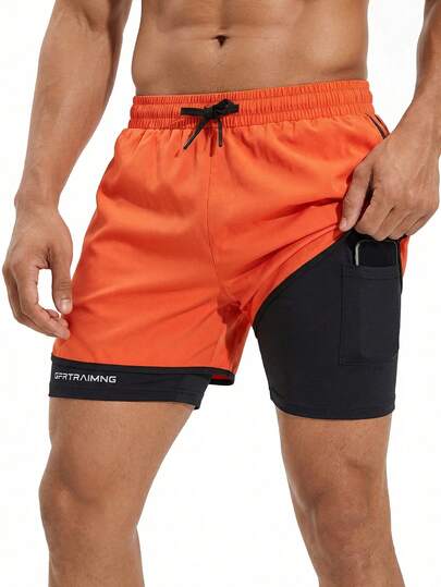 1 pieza Pantalones cortos deportivos para hombres de tela ligera, suave y transpirable de color naranja, con cordón y cintura elástica, adecuados para gimnasio, fitness, correr, baloncesto, lavable a máquina, para verano