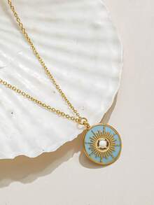 1 pieza Collar con colgante redondo de estrella del norte enchapado en oro de 18K, joyería clásica vintage de acero inoxidable, collar gargantilla de tono dorado para mujer, regalo para el Día de la Madre - estrella polar - Ver 12
