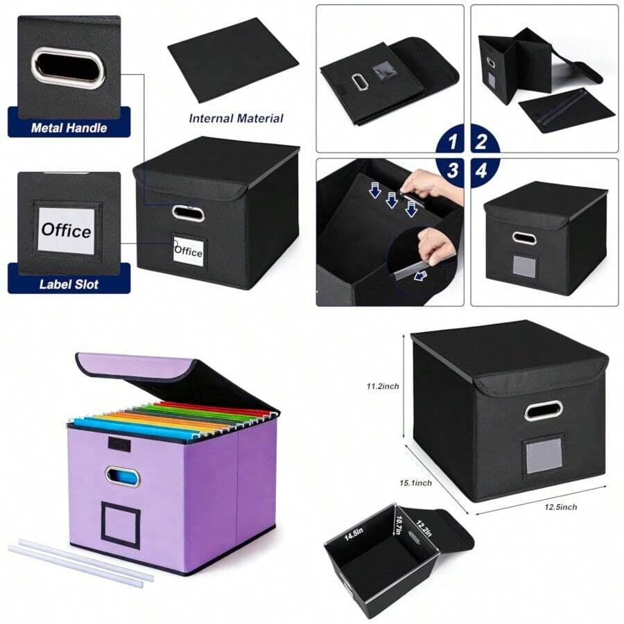 CADONO - Caja organizadora de archivos con tapa organizador plegable con diapositiva de plástico caja de archivos colgante para almacenamiento de documentos de oficina - morado claro - Ver 1