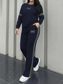 Women's Spring/Autumn New Comfortable Loose Contrast Stripe Printed Round Neck Long Sleeve T-Shirt And Elastic Waist Loose Pants 2-Piece Set, Suitable For Casual Commuting - Royal Blue 66 - View 1