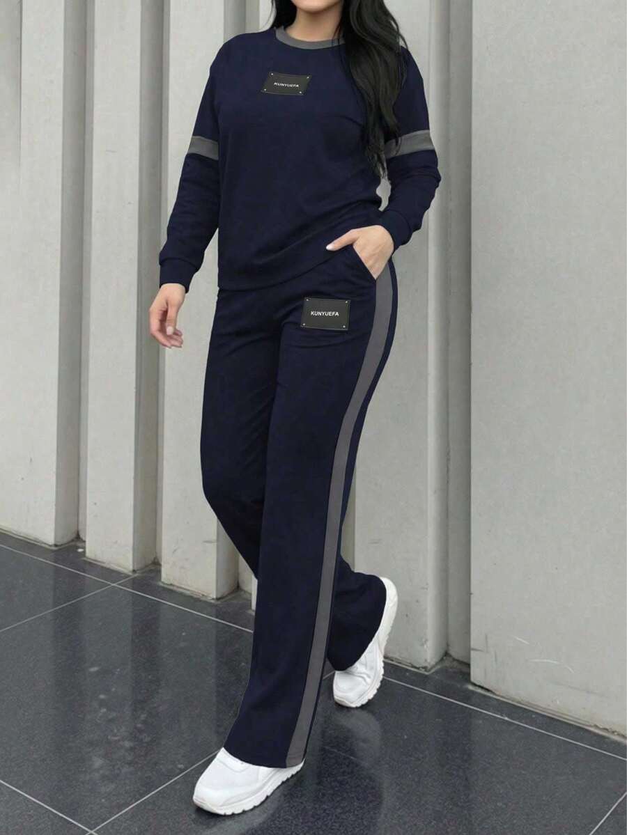 Women's Spring/Autumn New Comfortable Loose Contrast Stripe Printed Round Neck Long Sleeve T-Shirt And Elastic Waist Loose Pants 2-Piece Set, Suitable For Casual Commuting - Royal Blue 66 - View 1