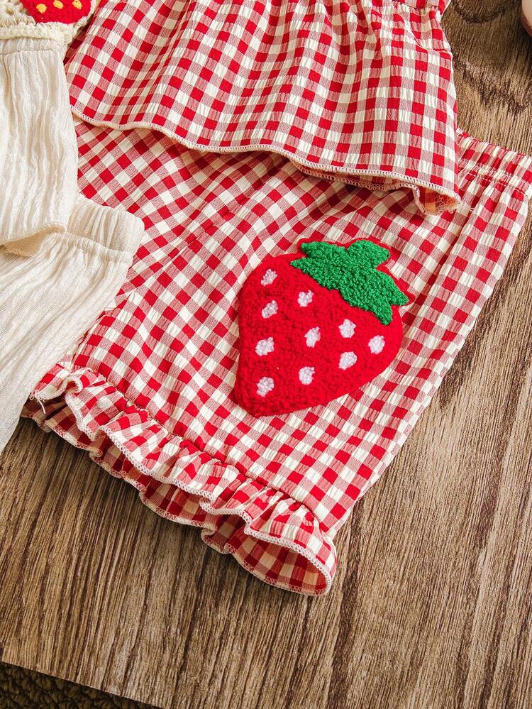 4pcs Baby Girls' Summer New Strawberry Embroidery Solid Hem & Colorblock Strawberry Crochet Camisole And Pants Casual Fashion Set - Multicolor - View 7
