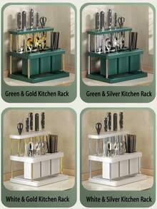 1pc Multi-Function Cutlery Holder, Knife Rack, Chopstick Storage Box, Kitchen Organizer Rack, Tabletop Caddy, Kitchen Utensil Holder, Space-Saving Cutlery Rack With Detachable Drip Tray, Suitable For Kitchen, Bathroom, Dining Room, Green/White, Gold/Silver Chopstick Holder, Knife/Spoon/Fork Storage Rack, Combination Plastic Model - Multicolor - View 8