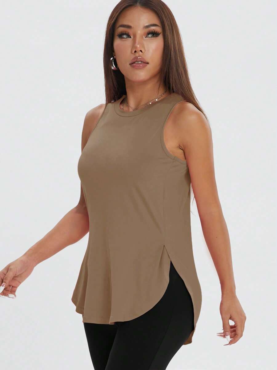 1pc Women's Casual Loose Sleeveless T-Shirt, Side Slit, Comfortable Workout Top, Spring/Summer Sports - Khaki - View 1