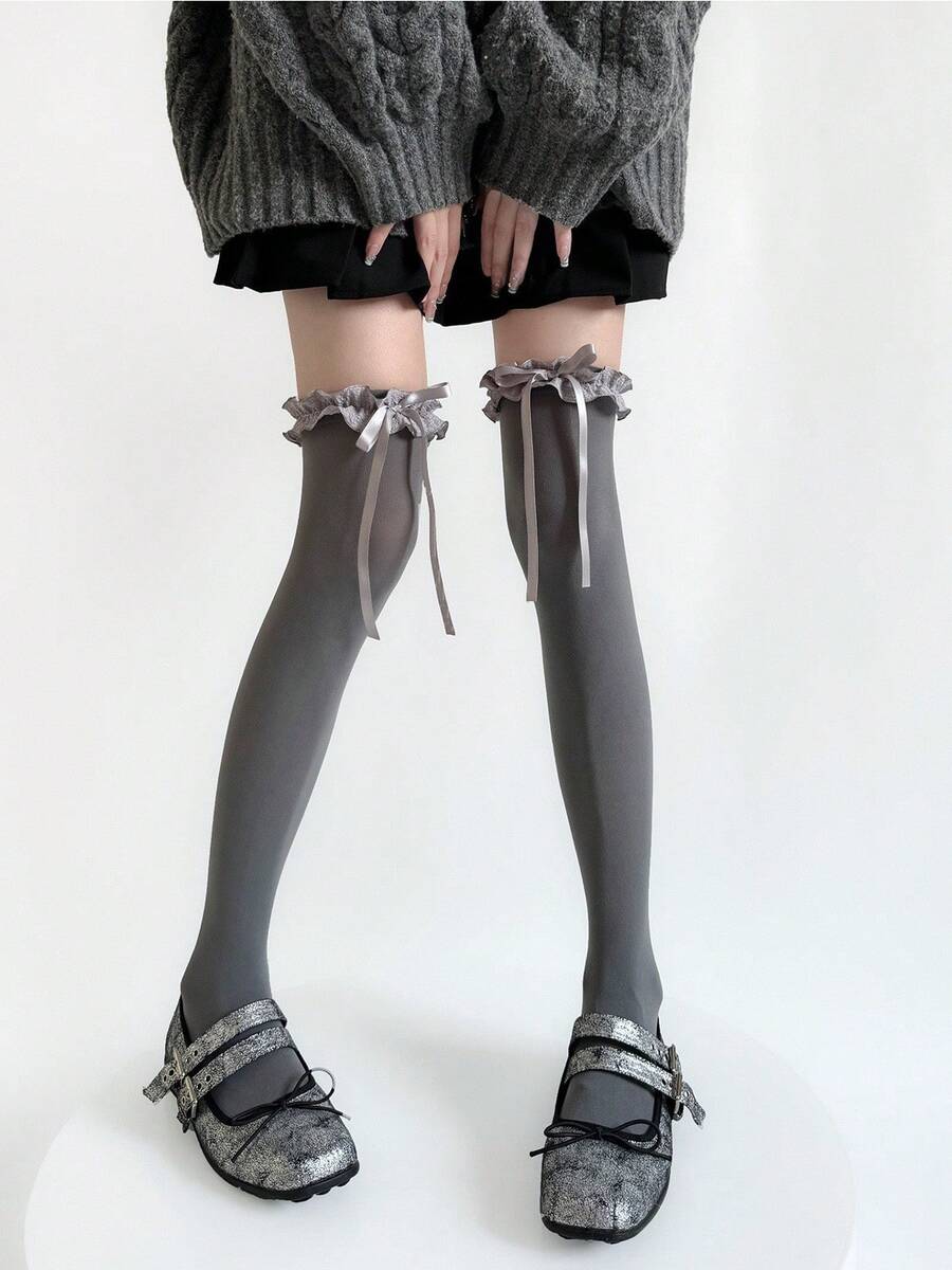 Cute Lace Ribbon Bow Thigh High Socks, Autumn Grey Velvet Elastic Over-The-Knee Stockings For Women - Multicolor - View 1