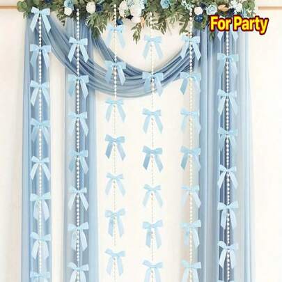 1/3件装优雅珍珠链蝴蝶结装饰 - 蓝色涤纶缎面蝴蝶结，适用于婚礼、生日、情人节 - 可用于墙面、架子、桌面装饰，公主芭蕾主题派对用品，节日DIY