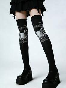 1 Pair Gothic Style Black & White Ripped Mesh Thigh High Socks, Hollow Out Over-The-Knee High Stockings - Black - View 5