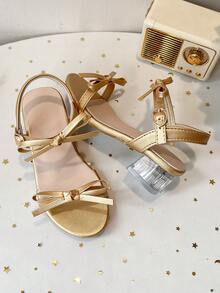 Girls' Crystal Bow Glitter Sandals With Transparent Chunky Heel - Gold - View 8