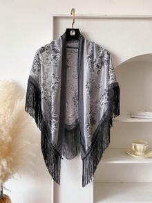 1 chiếc khăn tam giác dệt hoa jacquard sang trọng, khăn choàng tam giác tua rua thời trang đa năng dành cho nữ, phù hợp cho trang phục thường ngày, dạo phố, đi biển và đi nghỉ mát. - Xám - Xem 5