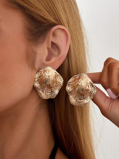 Set de 2 piezas de pendientes de metal vintage con textura de concha, diseño elegante y lujoso, estilo minimalista casual, estilo callejero, para boda/fiesta/vacaciones, regalo de novia de moda